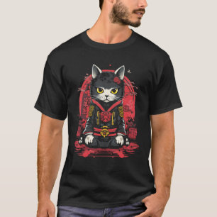 Japanischer Samurai Ninja Katze Retro Tattoo Grafi T-Shirt