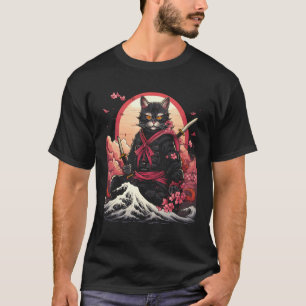 Japanischer Samurai Ninja Katze Retro Tattoo Grafi T-Shirt