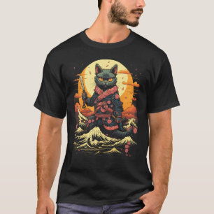 Japanischer Samurai Ninja Katze Retro Tattoo Grafi T-Shirt