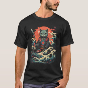 Japanischer Samurai Ninja Katze Retro Tattoo Grafi T-Shirt