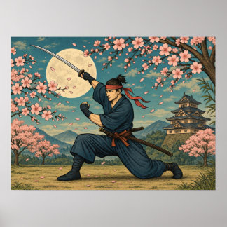Japanischer Samurai Vollmond Kirschblüten Poster