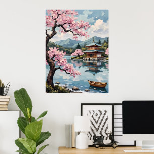 Japanischer See mit Kirschblüten Poster