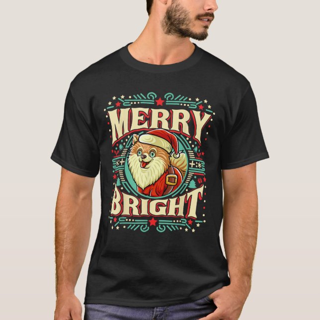 Japanischer Spitz Merry Bright Weihnachtsmann T-Shirt (Vorderseite)