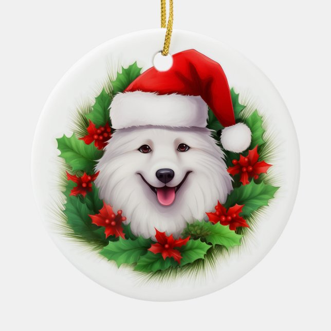 Japanischer Spitz Weihnachtswreath Keramik Ornament (Vorne)