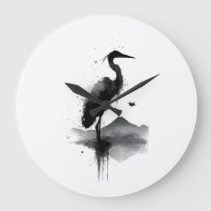 Japanischer Sumi-e-Kranich-Zen-Kunst-Wanduhr Große Wanduhr
