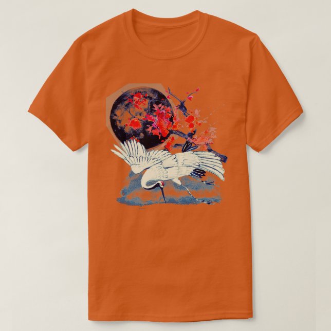 Japanischer Sumi E Moonlight Crane T-Shirt (Design vorne)
