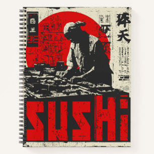 Japanischer Sushi-Koch mit Red Sun Vintage Leben Notizbuch