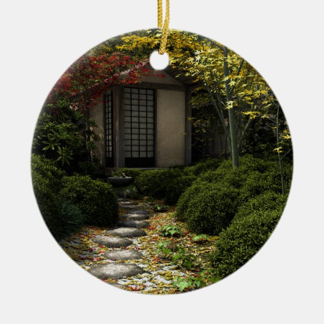 Japanischer Teehaus und Garten im Herbst Keramik Ornament (Vorne)