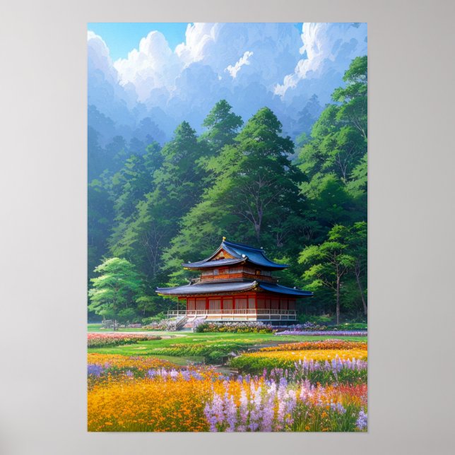 Japanischer Tempel am Waldrand Poster (Vorne)