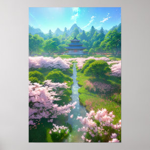 Japanischer Tempel auf einem Sakura-Feld Poster