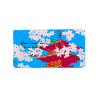 Japanischer Tempel mit Kirschblüte Adressaufkleber