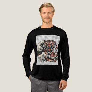 Japanischer Tiger mit Kirschblüten und Wellen Lang Tri-Blend Shirt