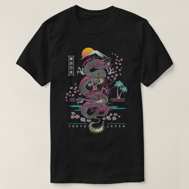 Japanischer Tokyo Dragon asiatisches Neon Retro 80 T-Shirt (Design vorne)