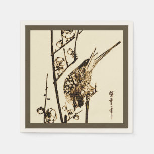 Japanischer Vogel auf einem Ast - Braun und Beige Serviette