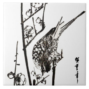 Japanischer Vogel auf einem Ast - Schwarz und Weiß Fliese
