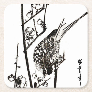 Japanischer Vogel auf einem Ast - Schwarz und Weiß Rechteckiger Pappuntersetzer
