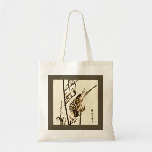 Japanischer Vogel auf Zweig - Braun und Beige Tragetasche