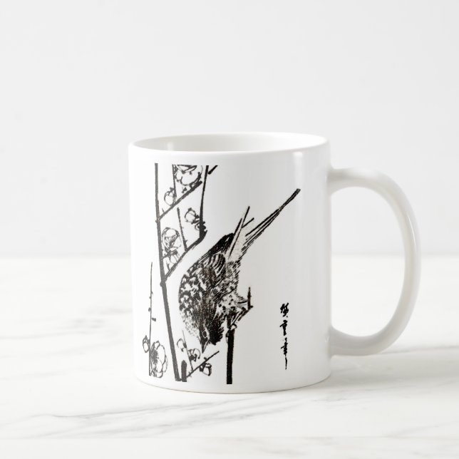Japanischer Vogel auf Zweig - Schwarz und Weiß Tasse (Rechts)