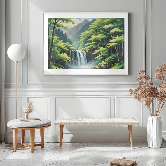 Japanischer Wasserfall in der Natur - Serenölmaler Poster (Japanese Waterfall in Nature—Serene Oil Painting Mockup 1)