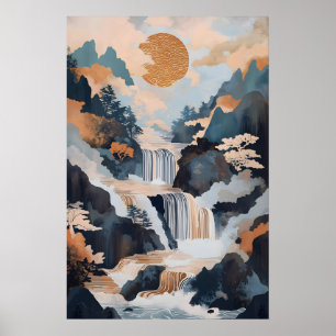 Japanischer Wasserfall-Kunstprint Tranquile Berge Poster