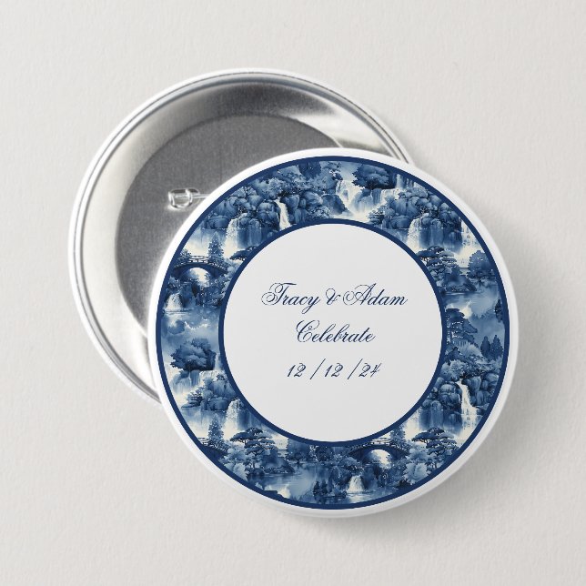 Japanischer Wassergarten in einem blauen weißen Po Button (Vorne & Hinten)