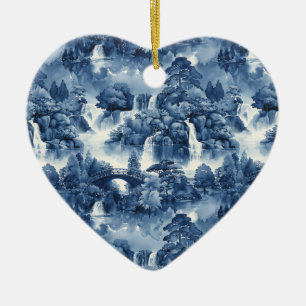 Japanischer Wassergarten in einem blauen weißen Po Keramik Ornament