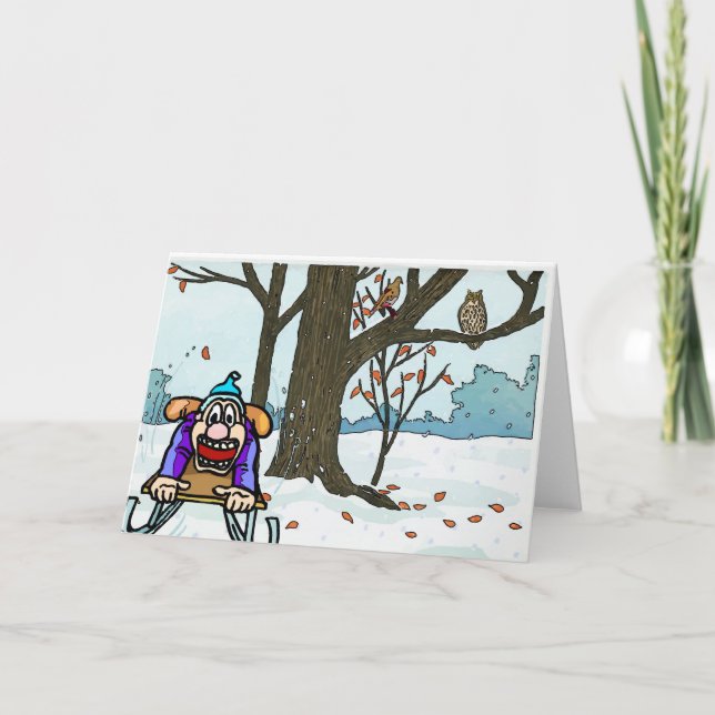 Japanischer Weihnachtsschnee - Schlitten und Vögel Feiertagskarte (Vorderseite)