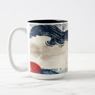 Japanischer Wellen- und Rote-Sonne-Muster-Becher Zweifarbige Tasse
