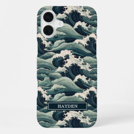 Japanischer Wellenaufdruck mit Monogramm iPhone 16 Plus Hülle