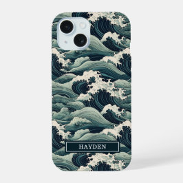 Japanischer Wellenaufdruck monogrammiert iPhone 15 Hülle