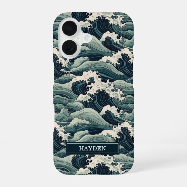 Japanischer Wellenaufdruck monogrammiert iPhone 16 Hülle (Rückseite)
