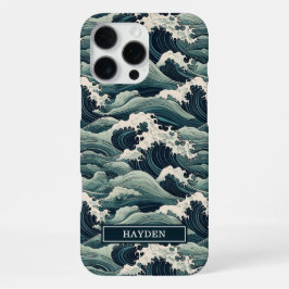Japanischer Wellenaufdruck monogrammiert iPhone 16 Pro Max Hülle