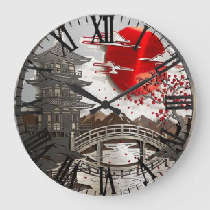 Japanischer Zen-Garten- & Pagoden-Kunstwanduhr Große Wanduhr