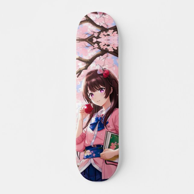 Japanisches Anime-Mädchen unter einem Kirschblosso Skateboard (Vorne)