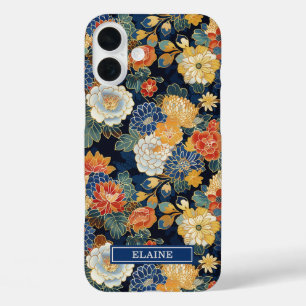 Japanisches blaues Blumenmuster mit Monogramm iPhone 16 Plus Hülle