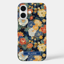 Japanisches blaues Blumenmuster mit Monogramm