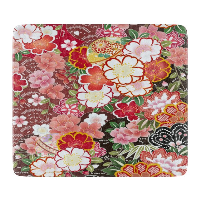Japanisches Blumenkrebs Blossom Weißes Rotes Glas Schneidebrett (Vorderseite)