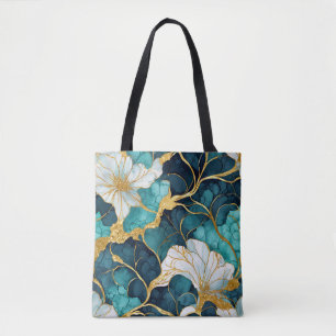 Japanisches Blumenmuster Teal Gold