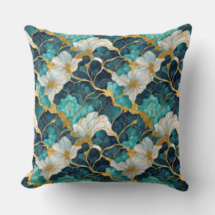 Japanisches Blumenmuster Teal Gold Kissen