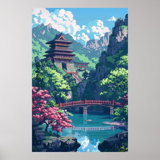 Japanisches Castle Pixel Art Landscape Fantasy Pos Poster (Vorne)