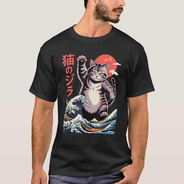 Japanisches Cat Art Monster Wave Funny Cat für Men T-Shirt (Vorderseite)