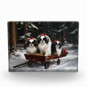 Japanisches Chin Snowy Sleigh Weihnachtsdekor Fotoblock