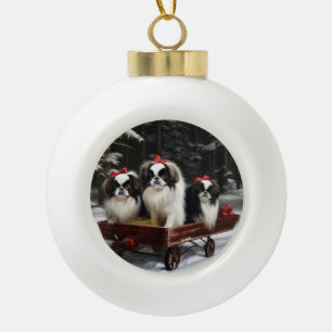 Japanisches Chin Snowy Sleigh Weihnachtsdekor Keramik Kugel-Ornament