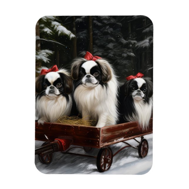 Japanisches Chin Snowy Sleigh Weihnachtsdekor Magnet (Vertikal)
