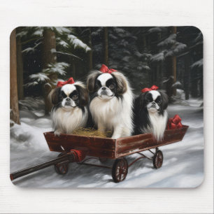 Japanisches Chin Snowy Sleigh Weihnachtsdekor Mousepad