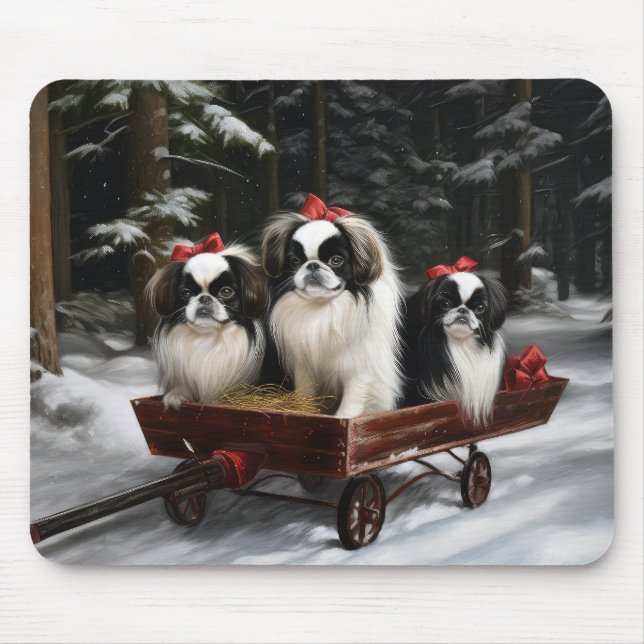 Japanisches Chin Snowy Sleigh Weihnachtsdekor Mousepad (Vorne)