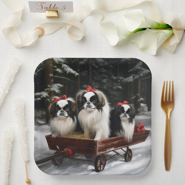 Japanisches Chin Snowy Sleigh Weihnachtsdekor Pappteller (Hochzeit)