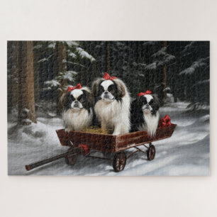 Japanisches Chin Snowy Sleigh Weihnachtsdekor Puzzle