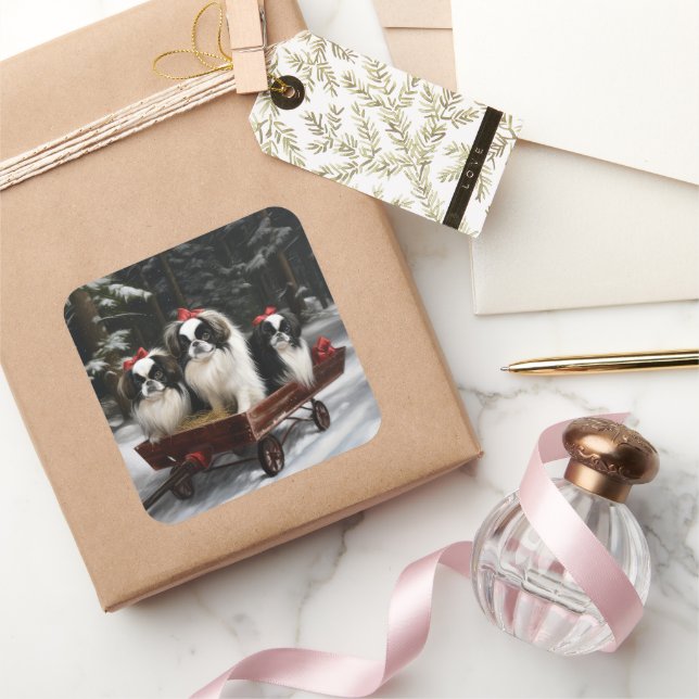 Japanisches Chin Snowy Sleigh Weihnachtsdekor Quadratischer Aufkleber (Schenken)
