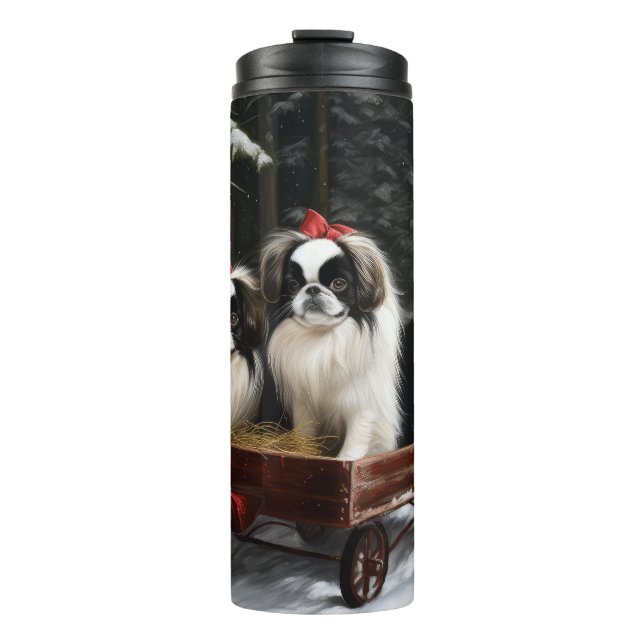 Japanisches Chin Snowy Sleigh Weihnachtsdekor Thermosbecher (Vorderseite)